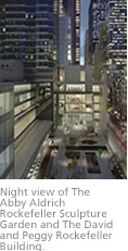 Night view of The Abby Aldrich Rockefeller Sculputre Garden and The David and Peggy Rockefeller Building.